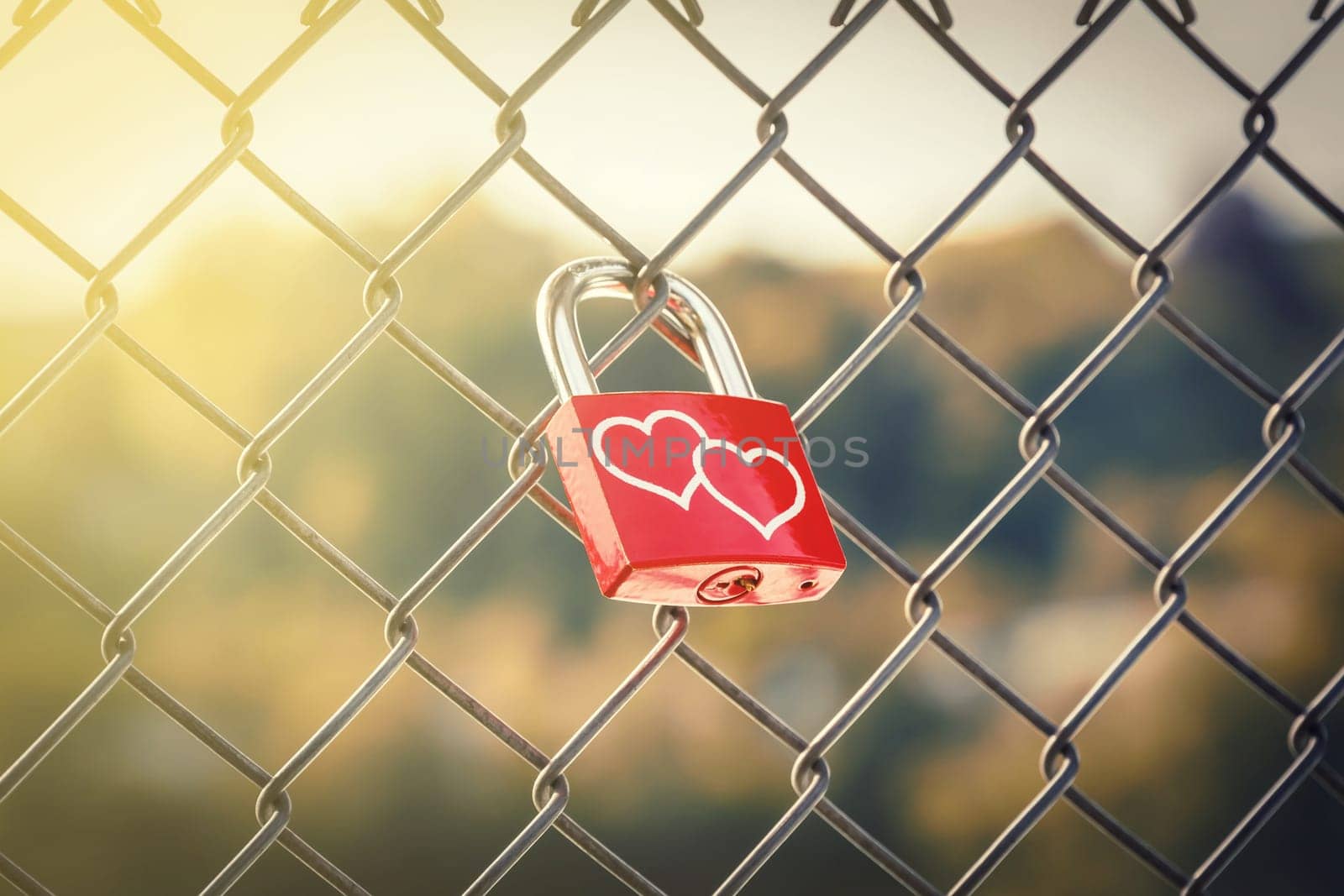 Two hearts on Love Lockers on the fence with soft light style