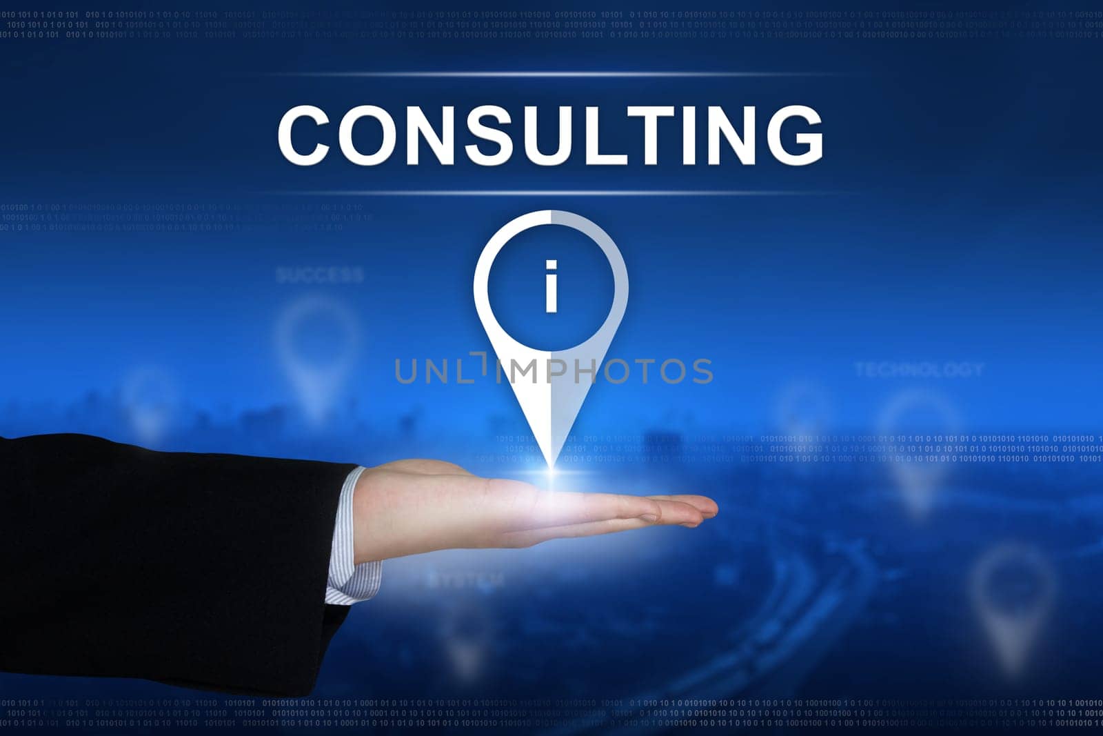 consulting button with business hand on blurred background