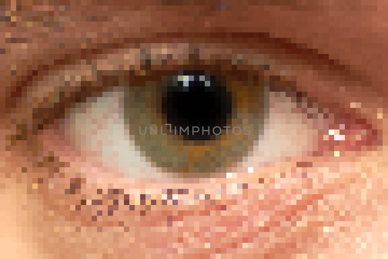 Coarsely pixelated human right eye with light reflections.