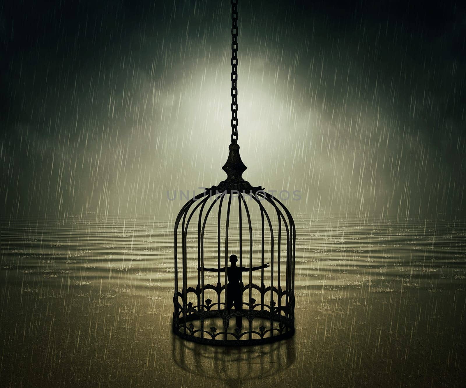 Man standing closed in a bird cage with wide opened hands in front of the ocean horizon in a rainy day. Life limitation, trapped in a prison concept