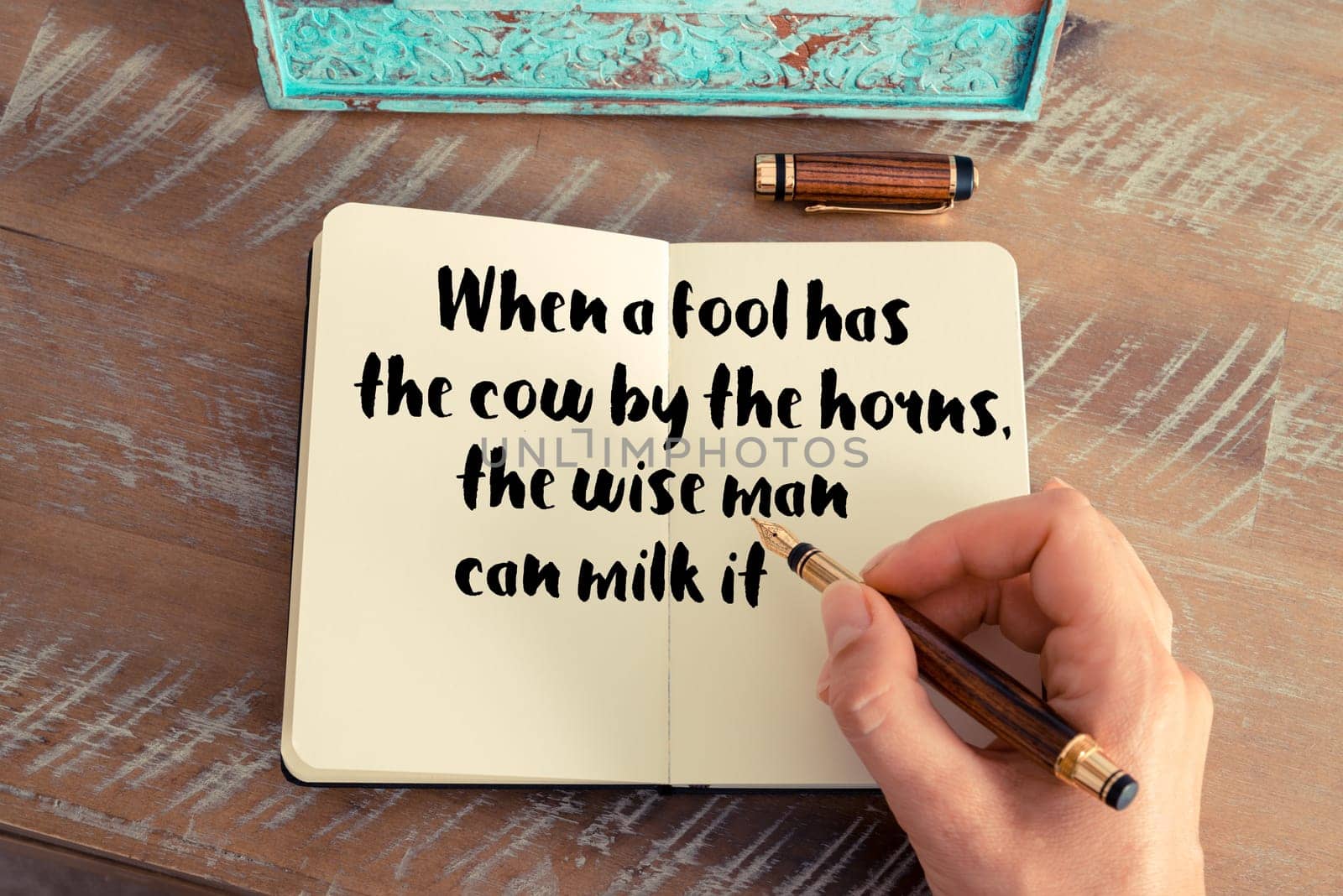 Retro effect and toned image of a woman hand writing on a notebook. Handwritten quote When a fool has the cow by the horns, the wise man can milk it as inspirational concept image