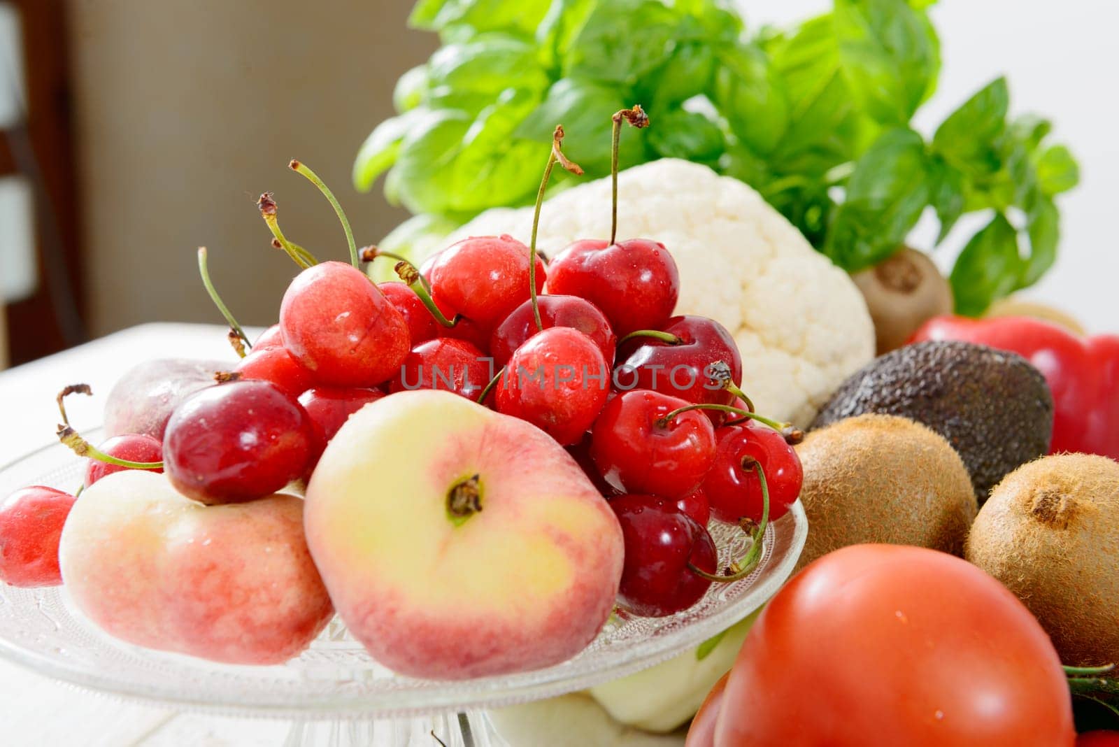 cherries and peaches cup with assortment vegetables