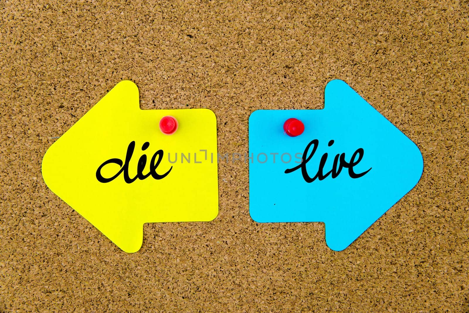 Blank yellow and blue paper notes in shape of opposite arrows pinned on cork board with thumbtacks, copy space available