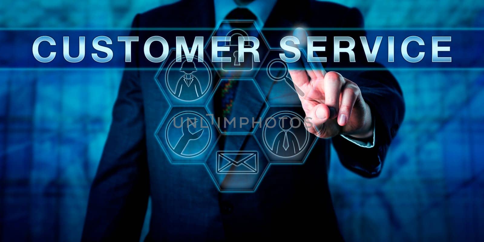 Business man pushing CUSTOMER SERVICE on an touch screen display. Business metaphor and technology concept. Closeup on male torso interacting with a virtual interface with fingers of his left hand.