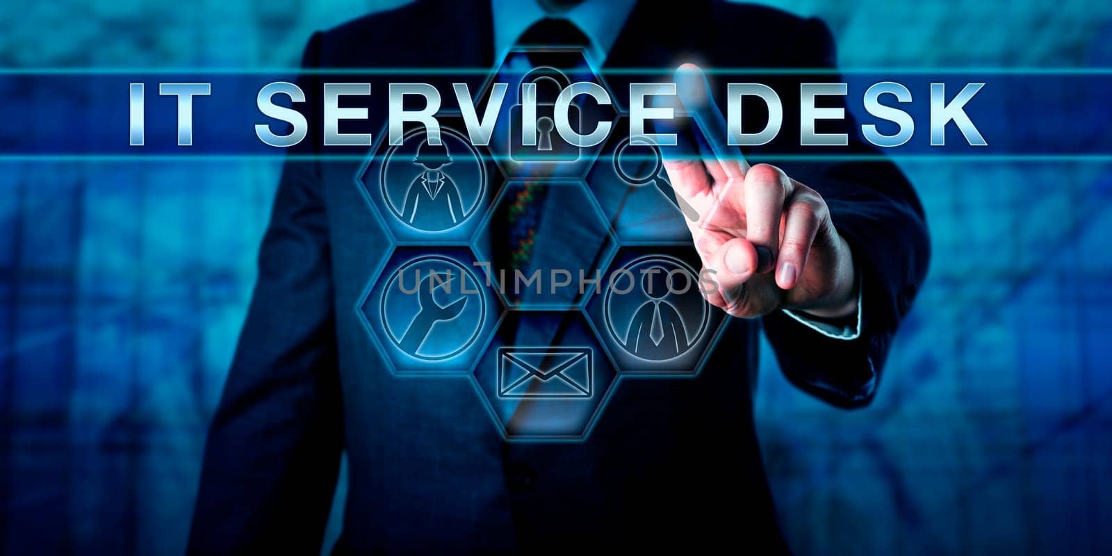 Torso of corporate client is pushing IT SERVICE DESK on a virtual touch screen display. Business metaphor and information technology concept for professional support in the service industry.