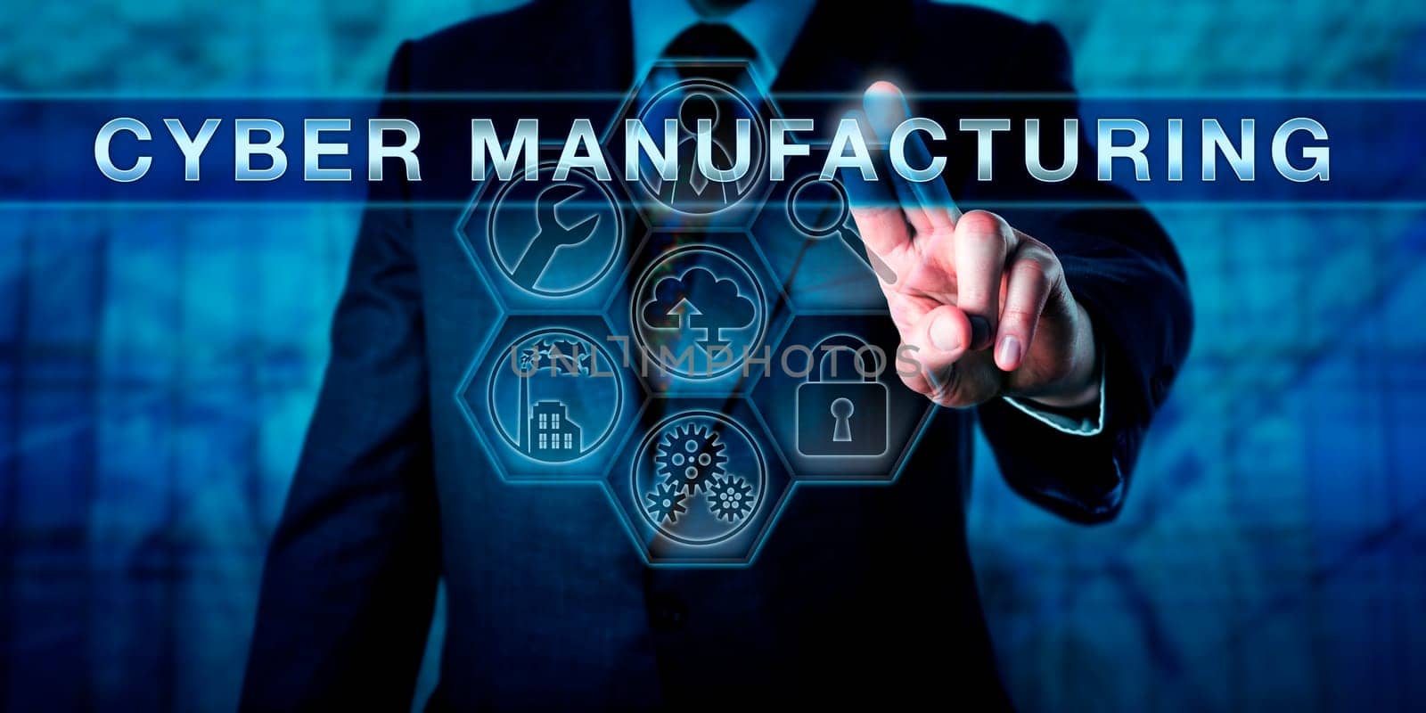 Systems engineer is pressing CYBER MANUFACTURING on a virtual touch screen interface. Industry metaphor and business concept for a manufacturing system that facilitates asset management.
