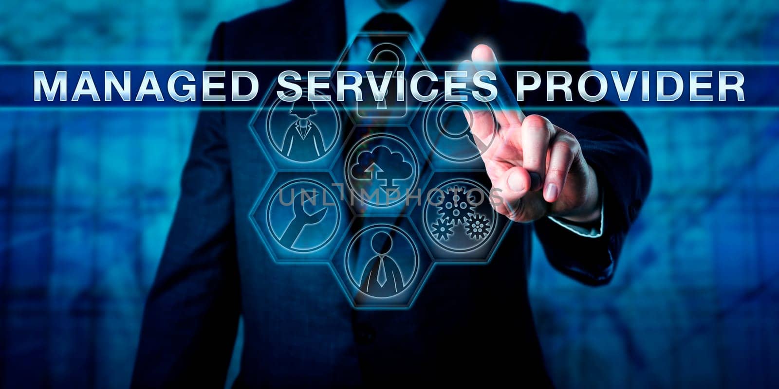 Broker pressing MANAGED SERVICES PROVIDER on an interactive virtual touch screen interface. IT concept and business outsourcing metaphor for providers of managed B2B integration and cloud services.