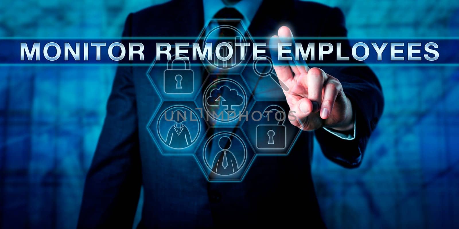 HR manager is pressing MONITOR REMOTE EMPLOYEES on an interactive virtual touch screen. Business metaphor and information technology concept for supervision of bring-your-own-device work practices.