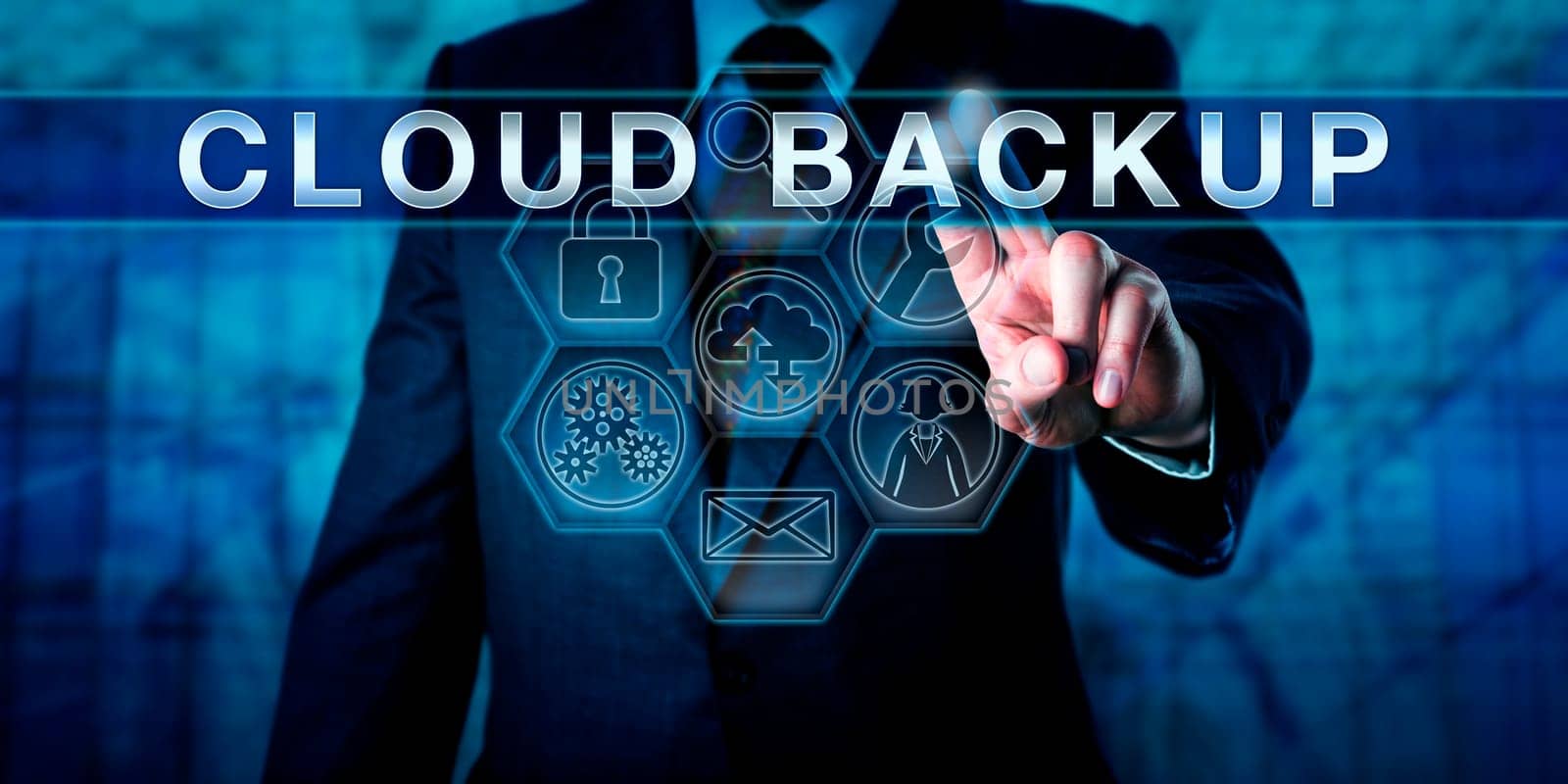 Enterprise end user is touching CLOUD BACKUP on a visual interactive virtual display. Business continuity and disaster recovery metaphor. Information technology concept for managed backup service.