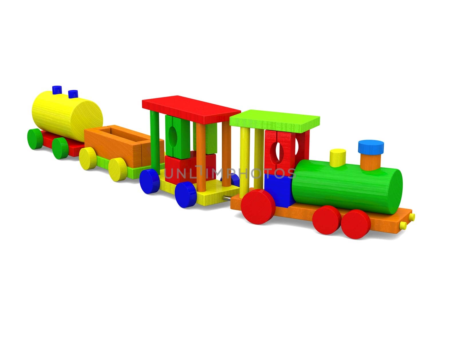 3D rendering of colorful toy train isolated on white background.