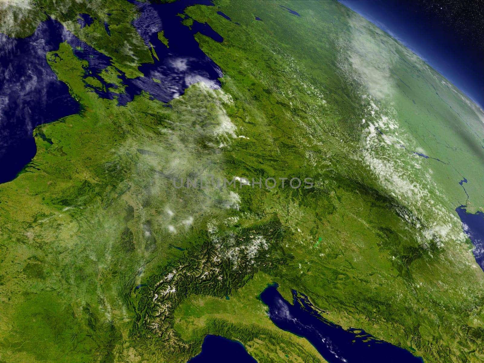 Central Europe with surrounding region as seen from Earth's orbit in space. 3D illustration with highly detailed realistic planet surface and clouds in the atmosphere. Elements of this image furnished by NASA.