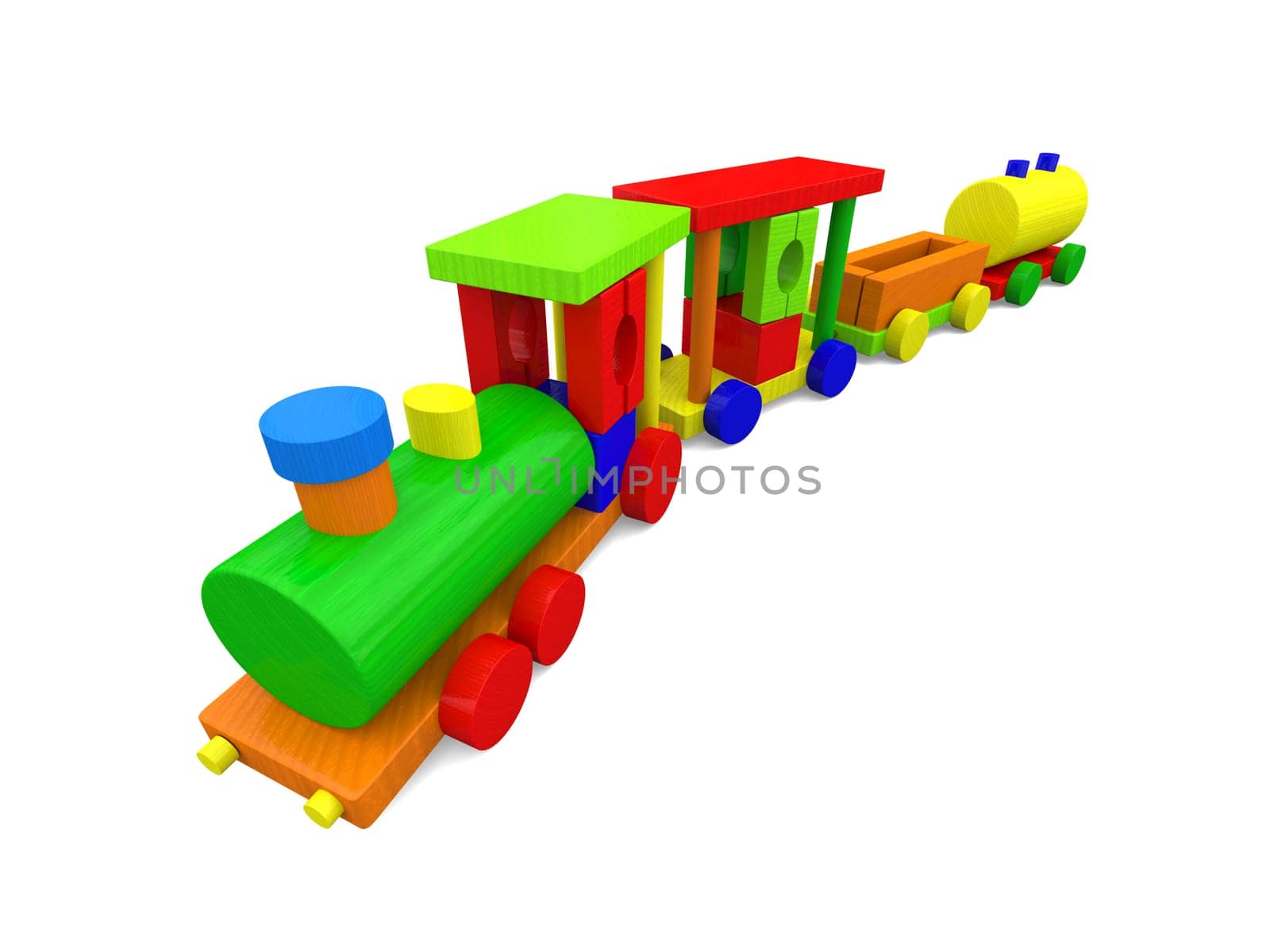 3D illustration of colorful toy train isolated on white background.