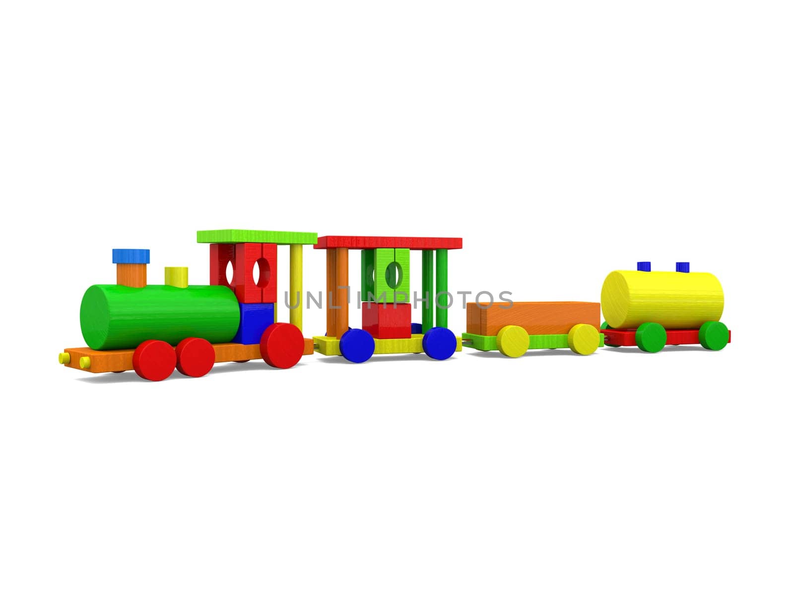 3D illustration of colorful toy train isolated on white background.