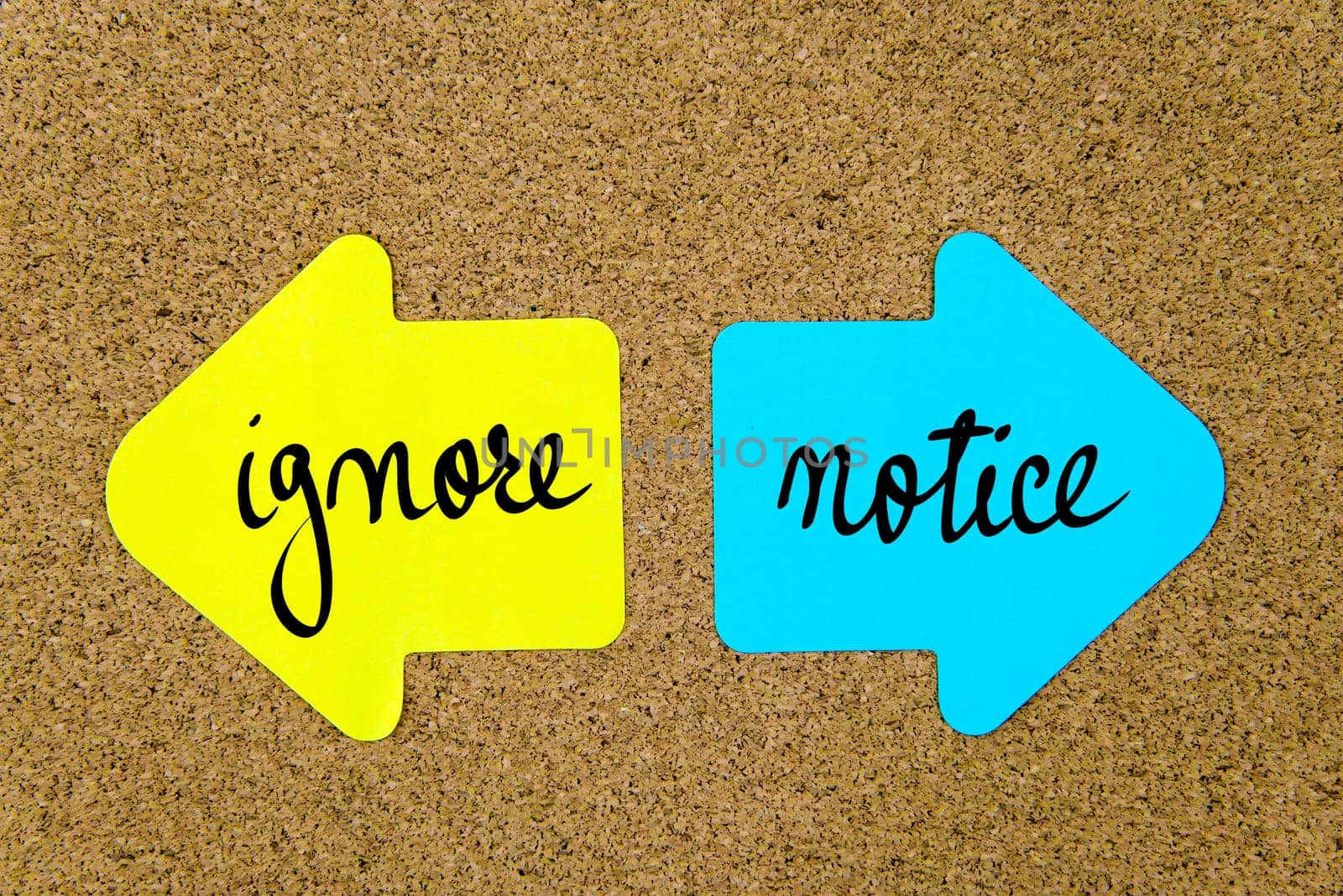 Message Ignore versus Notice on yellow and blue paper notes as opposite arrows pinned on cork board with thumbtacks. Choice conceptual image