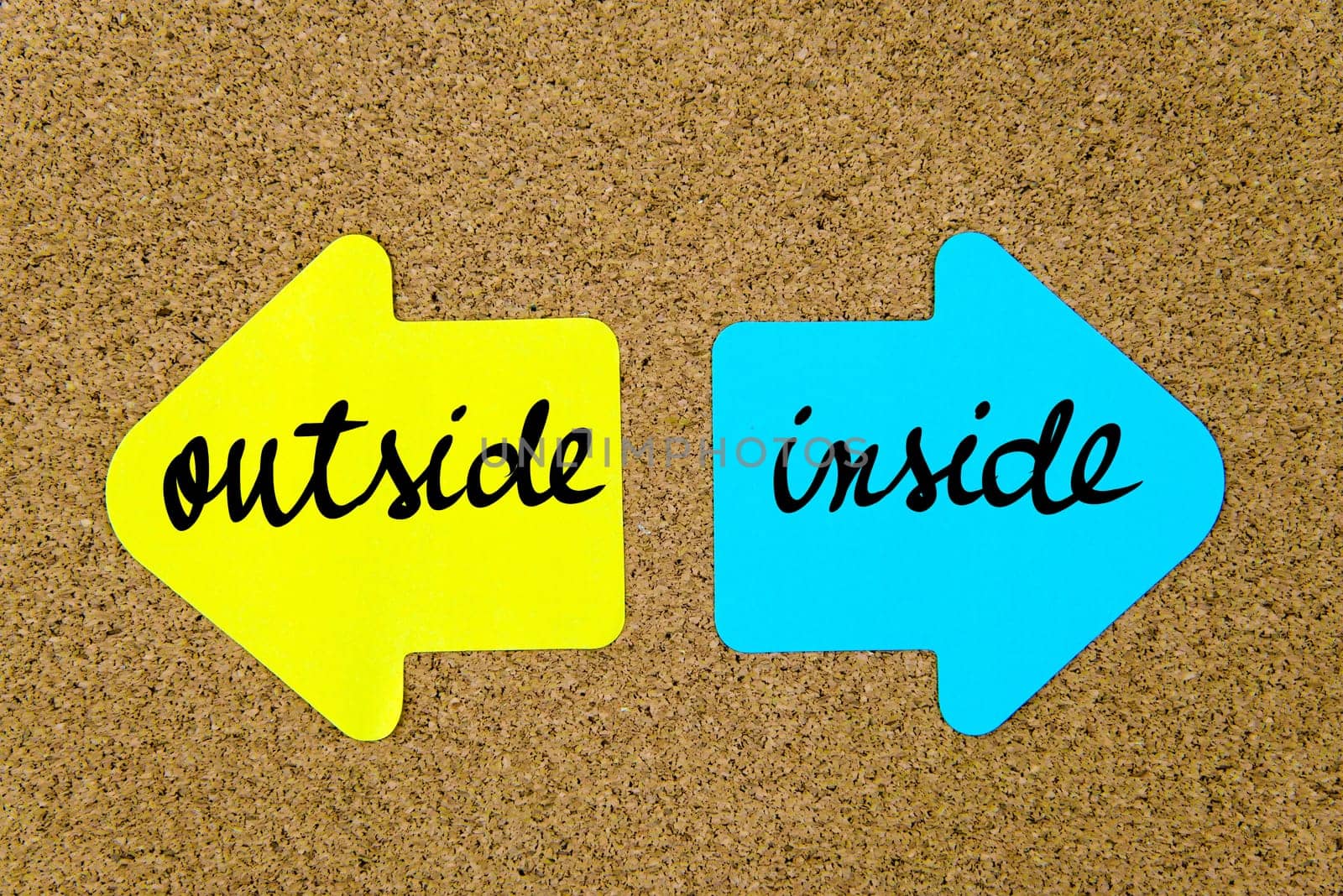 Message Outside versus Inside on yellow and blue paper notes as opposite arrows pinned on cork board with thumbtacks. Choice conceptual image