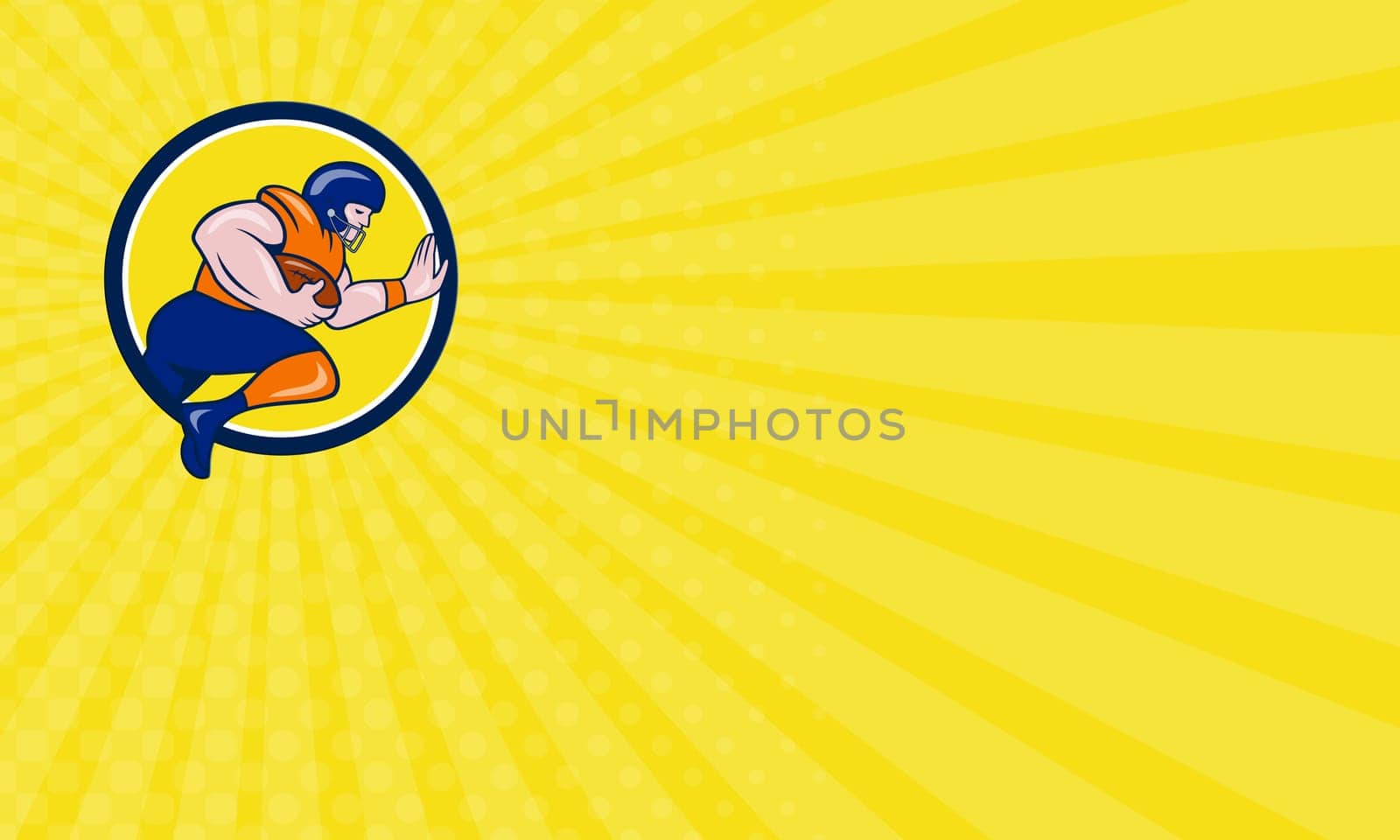 Business card showing illustration of an american football gridiron player running back charging with ball viewed from the side set inside circle on isolated background done in cartoon style.