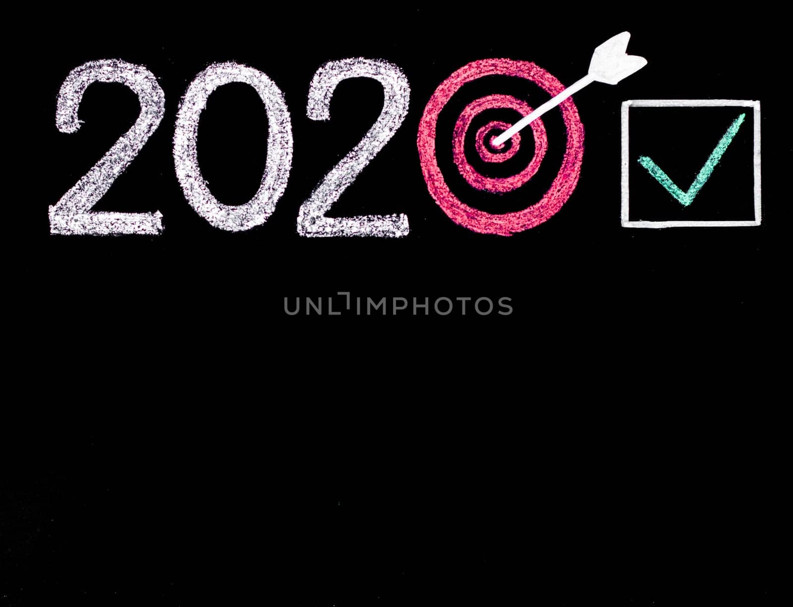 Conceptual image of Year 2020, with number zero in shape of a target, arrow in the center and checked sign
