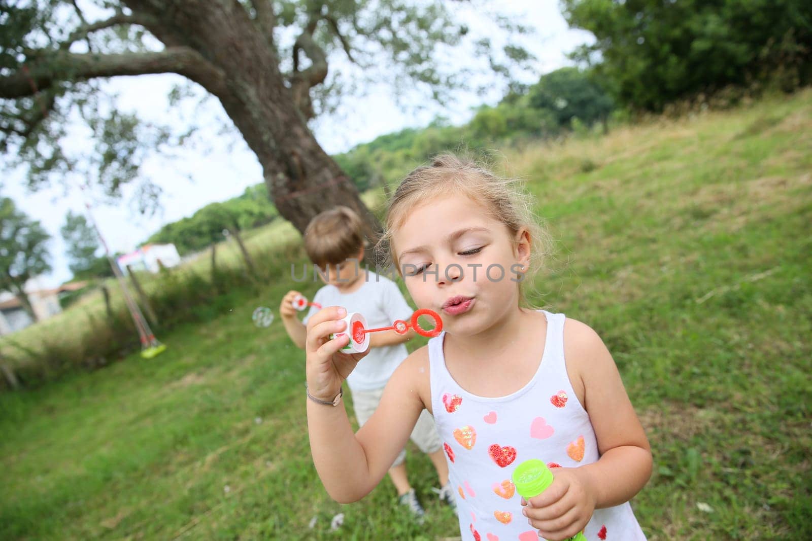 Kids in garden blowing soap bubbles