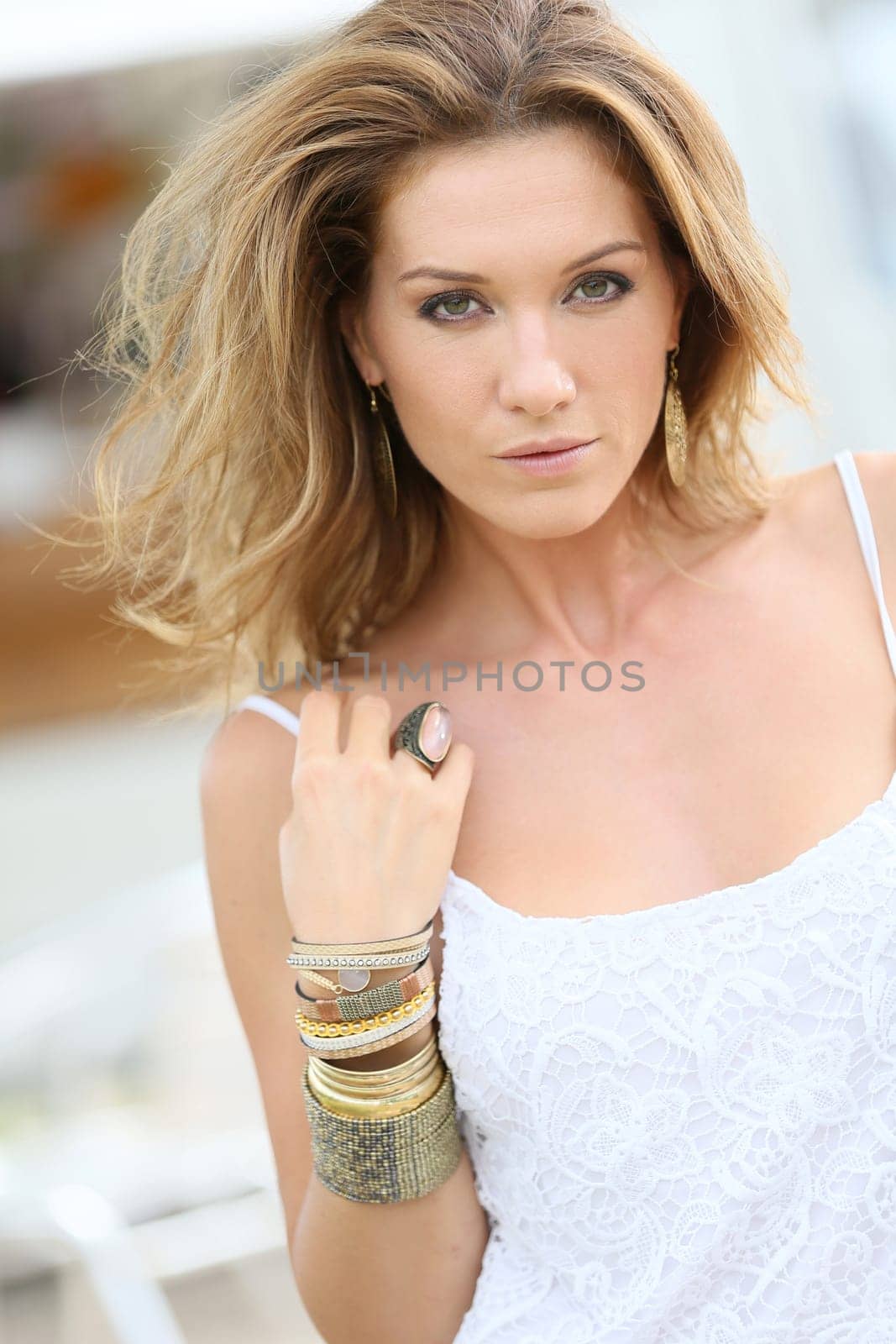 Portrait of attractive woman wearing bracelets