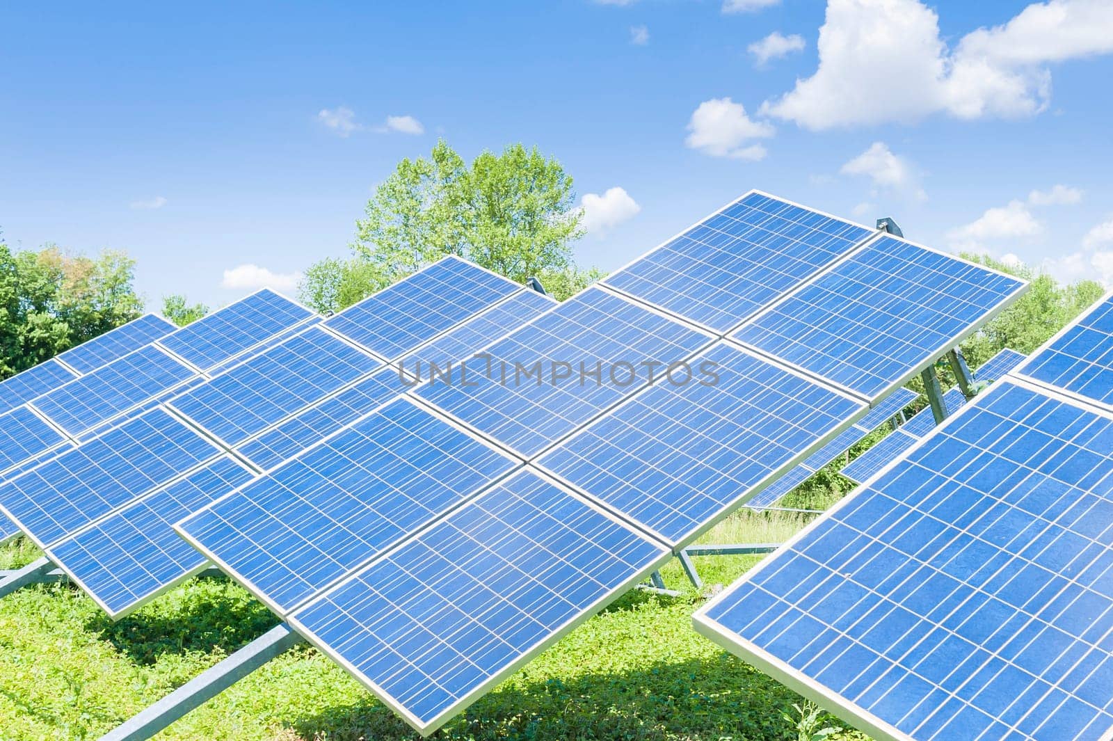 Solar panels placed on a countryside meadow.