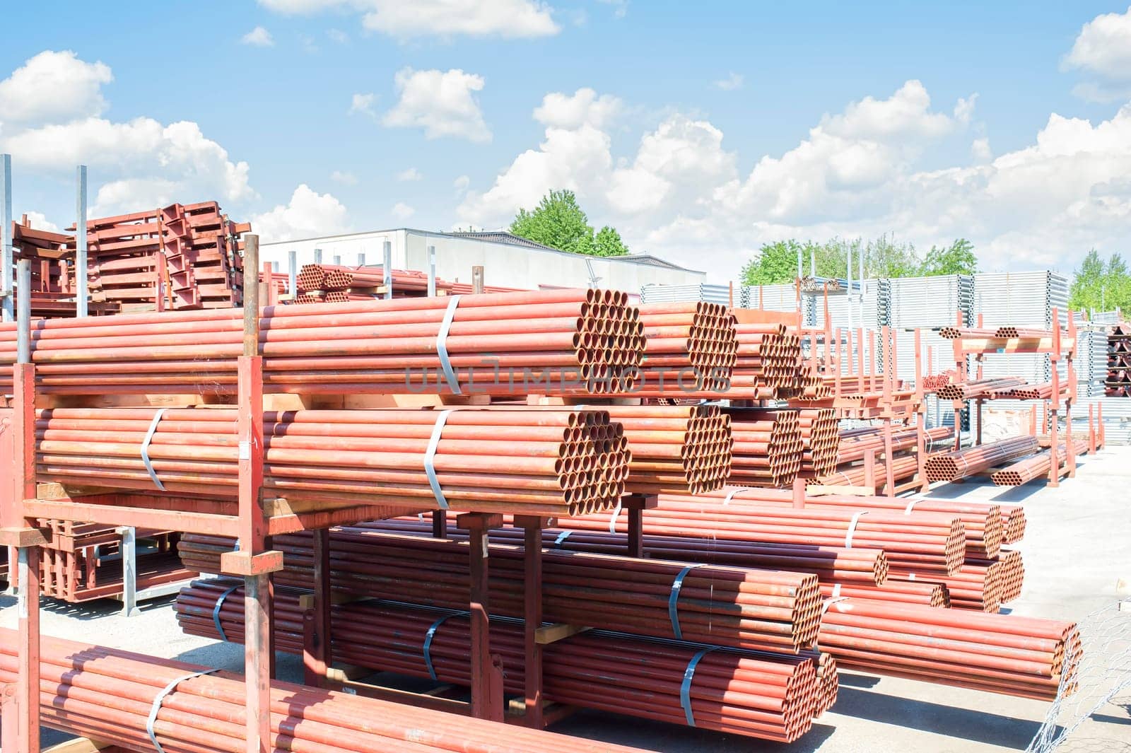 Steel Pipes bunch on the rack in warehouse