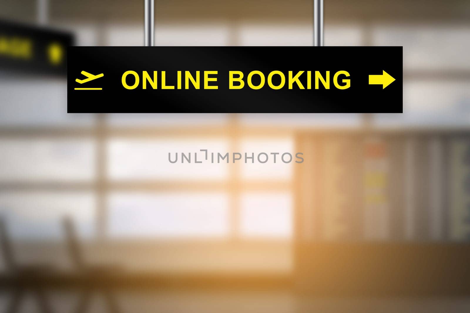 online booking on airport sign board with blurred background and copy space