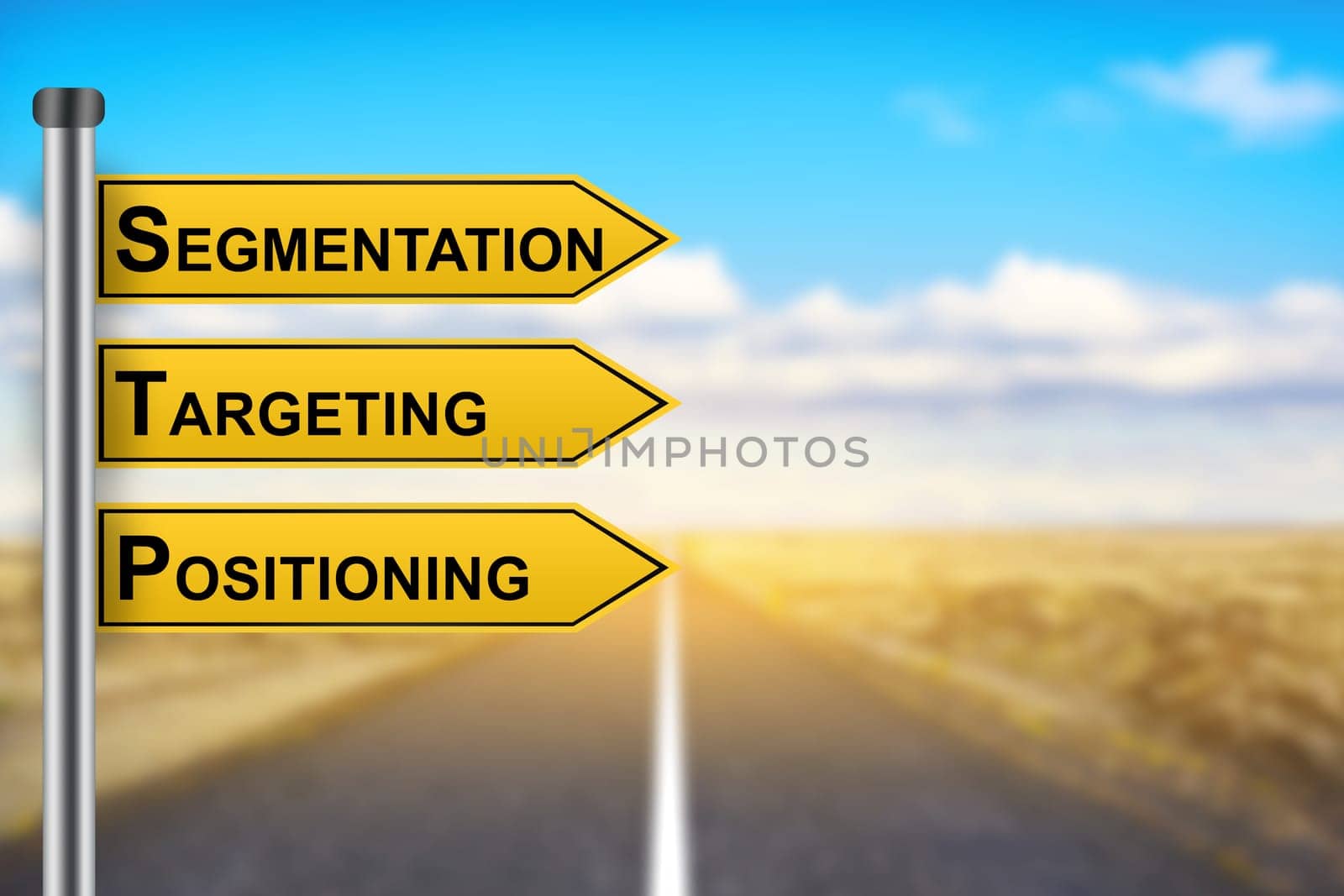 segmentation, targeting, positioning marketing strategy words on yellow road sign with blurred background