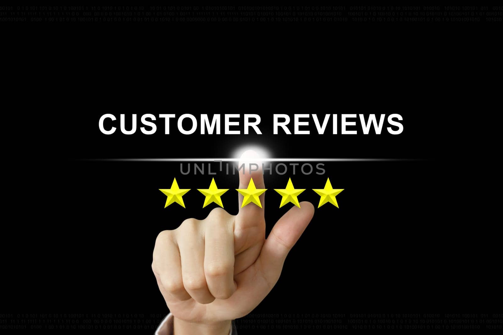 business hand clicking customer reviews with five stars on screen