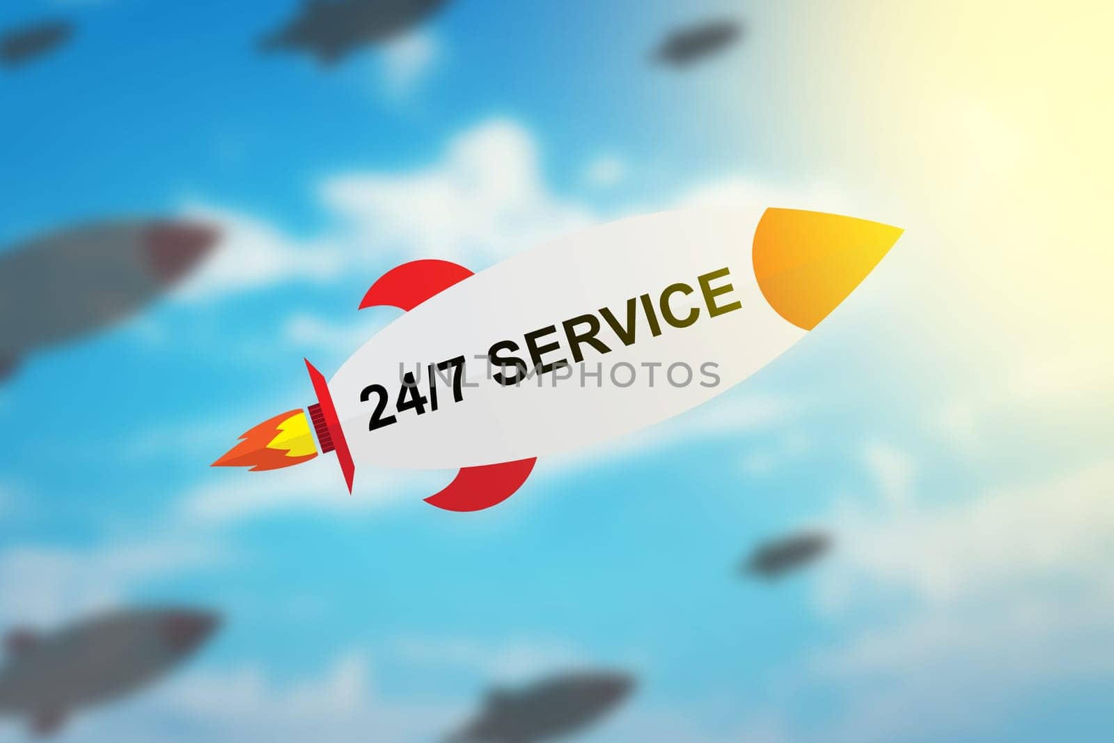 group of 24 hours a day, 7 days a week service flat design rocket with blurred background and soft light effect