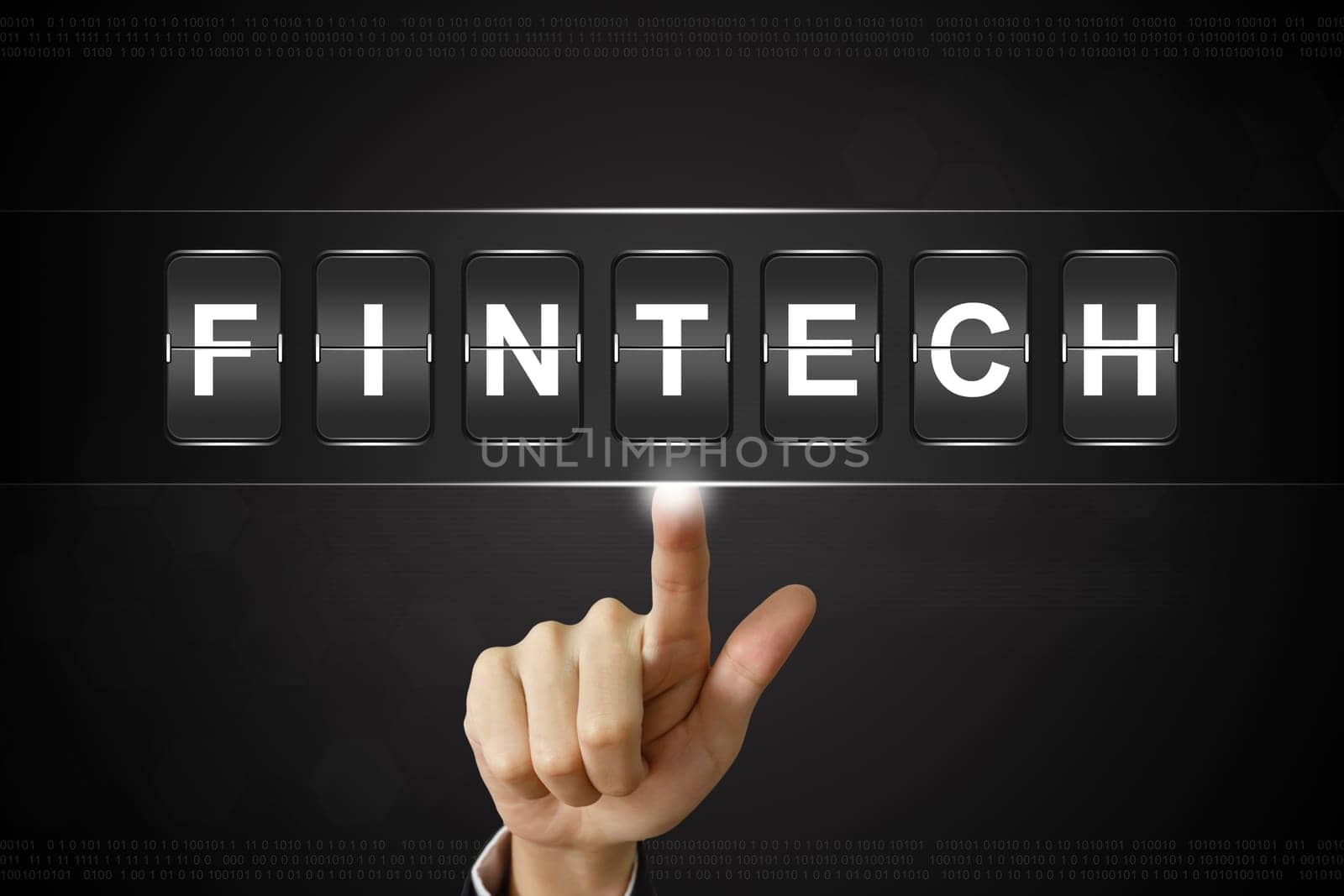 business hand pushing fintech or financial technology on Flipboard Display