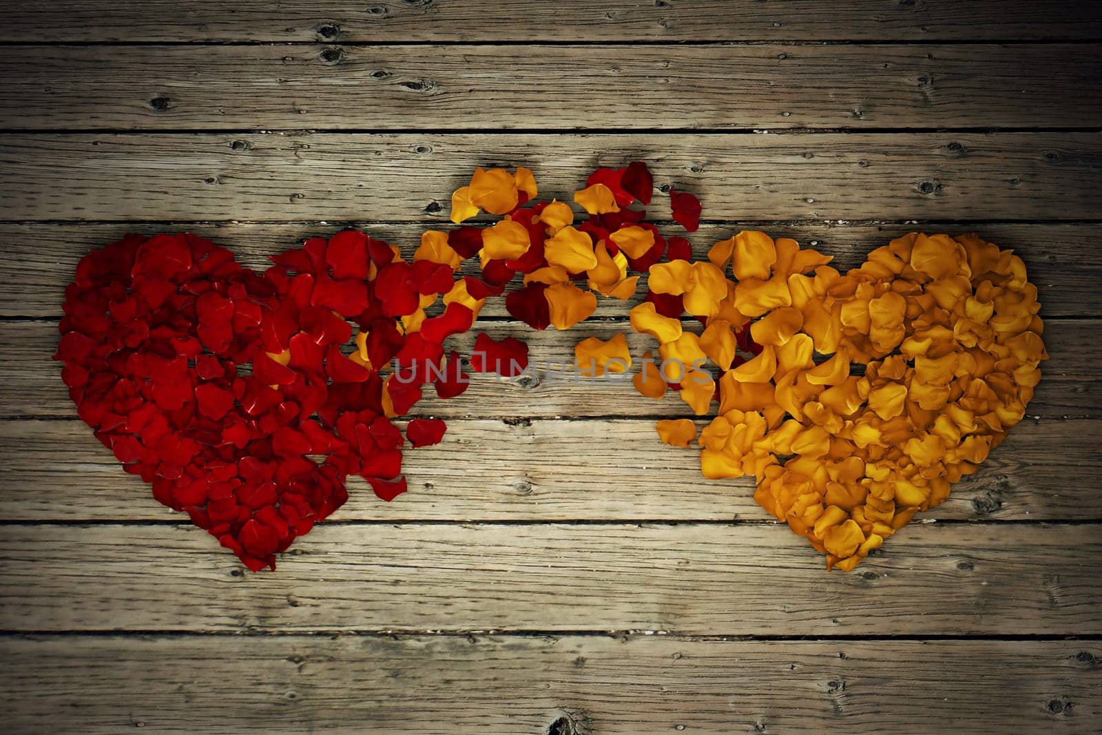 Two rose petal hearts connection on wood background. Romantic relationship concept. Attachment and love symbol, giving and exchange of feelings and emotions of love.