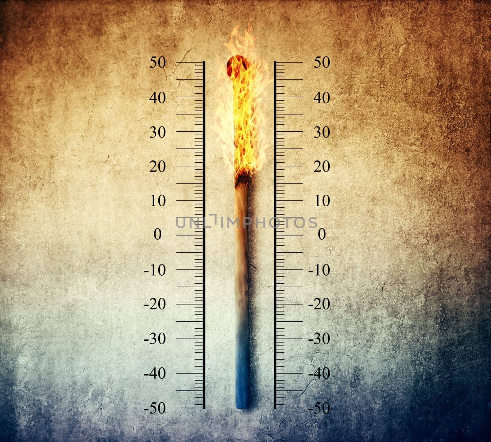 Burned match indicating temperature on a scale as a thermometer. Global warming and temperature rising concept