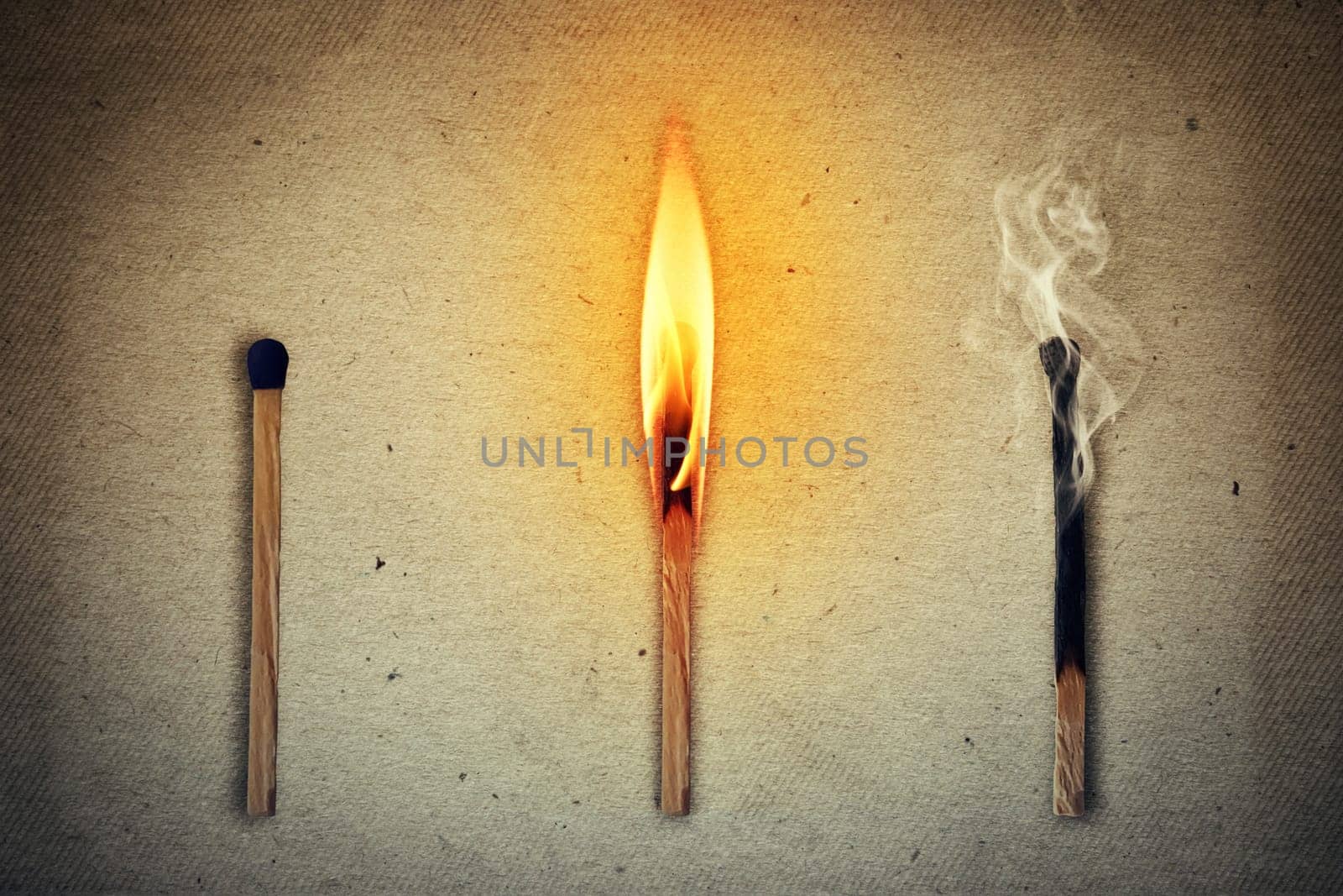 Three matches: the whole, the burning and extinguished. Life cycle matches symbolizing human