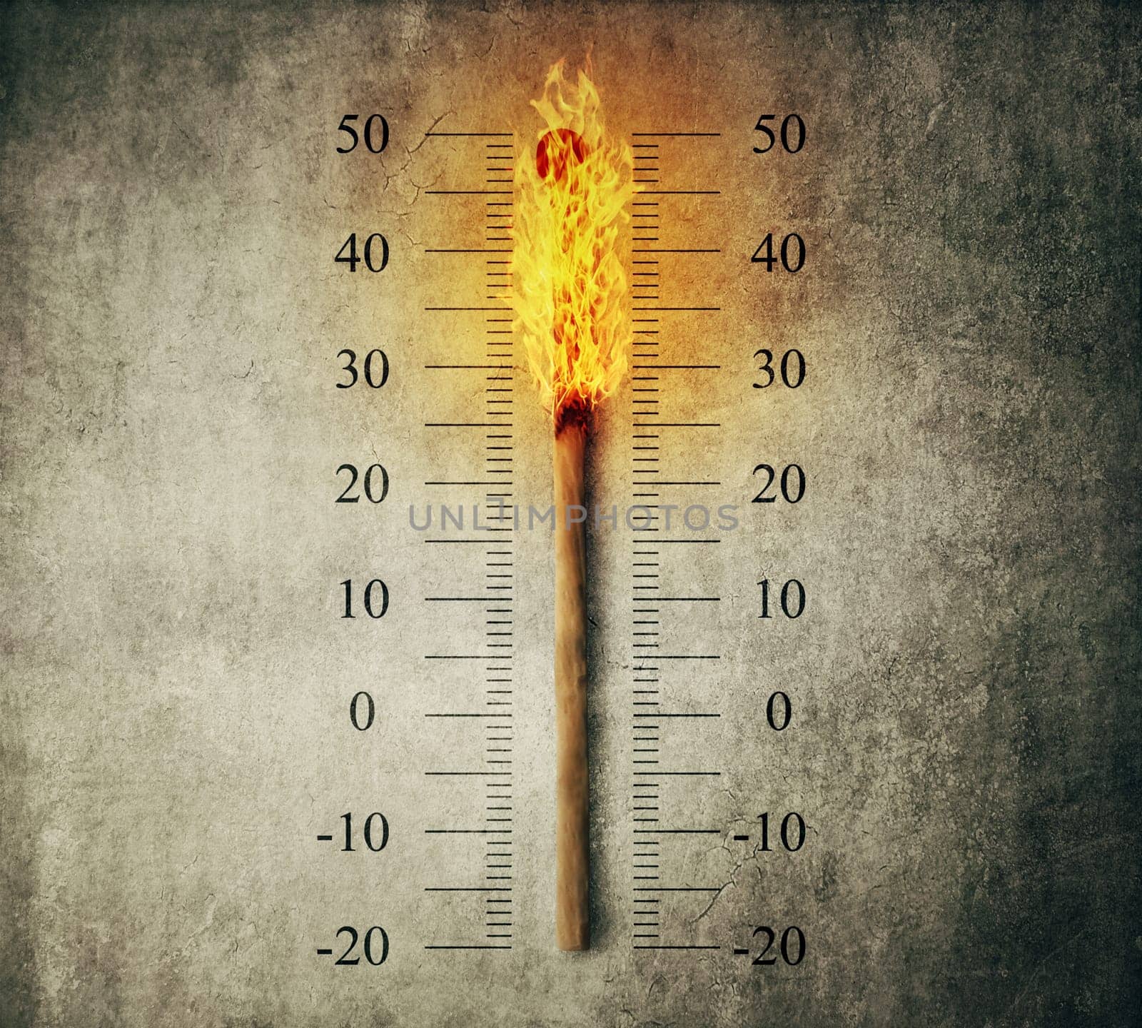 Burned match stick indicating temperature on a scale as a thermometer. Global warming and temperature rising concept