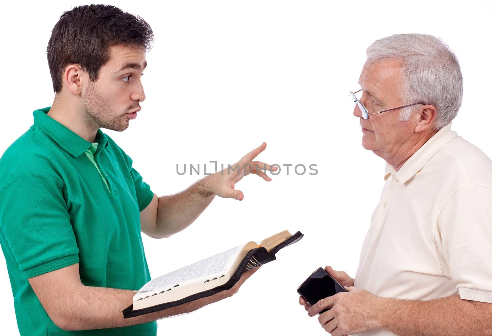 Young evangelist sharing God's Words with an old man