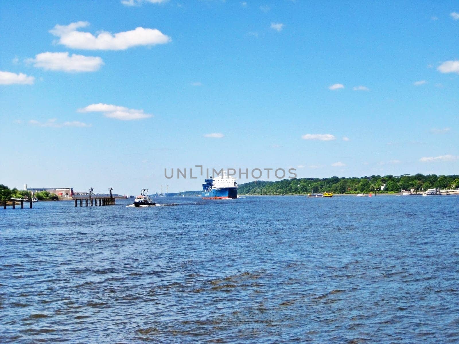 Hamburg, Germany - May 24, 2008: View over river Elbe with container ship