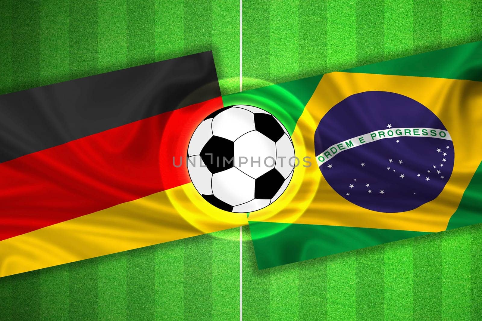 green Soccer / Football field with stripes and flags of germany - brazil, and ball.