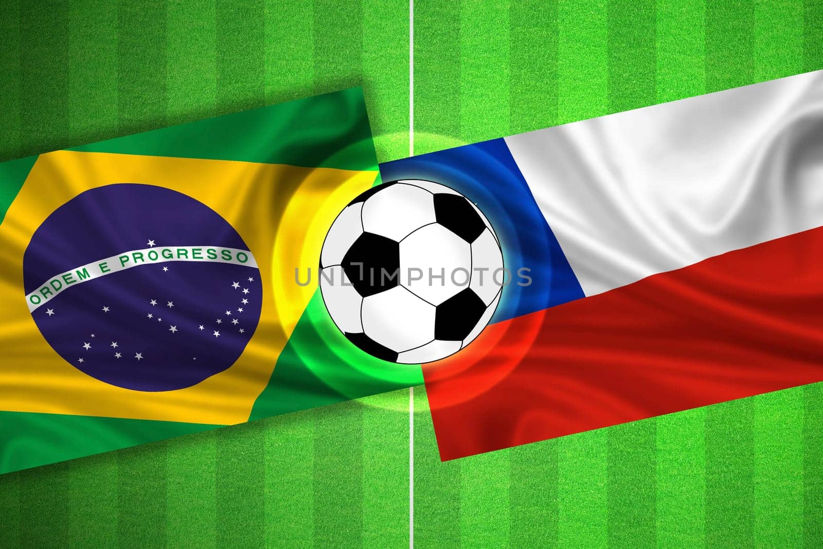 green Soccer / Football field with stripes and flags of brazil - chile, and ball.