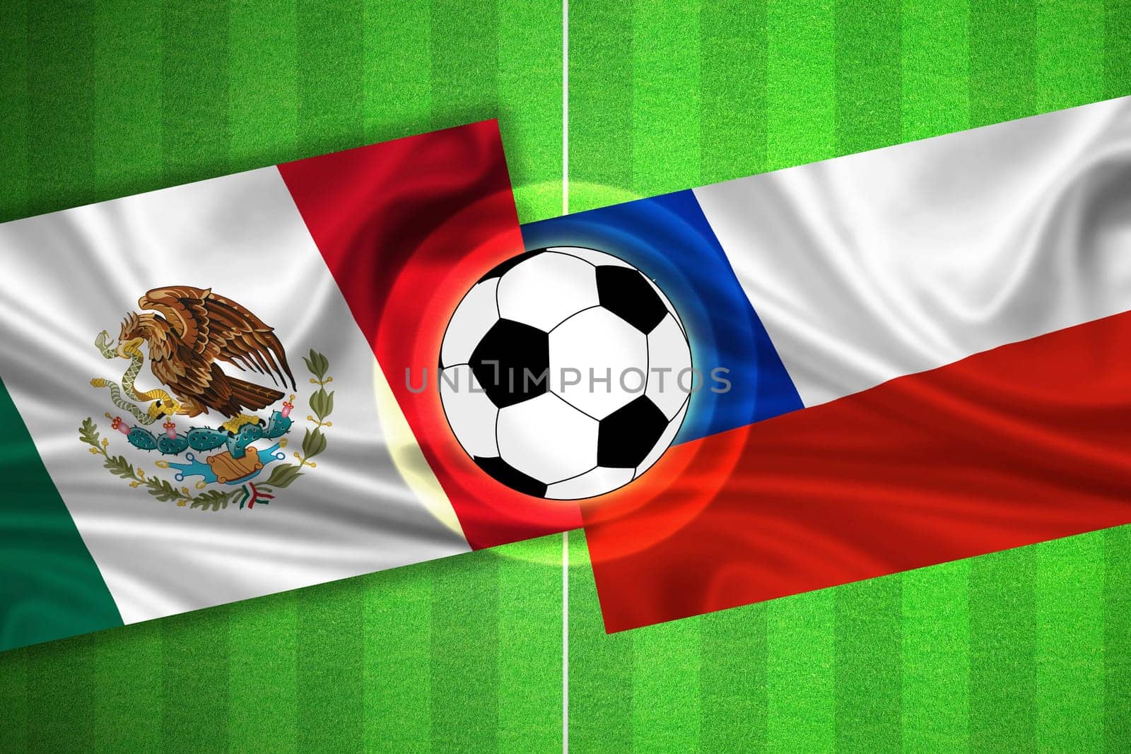 green Soccer / Football field with stripes and flags of mexico - chile, and ball.