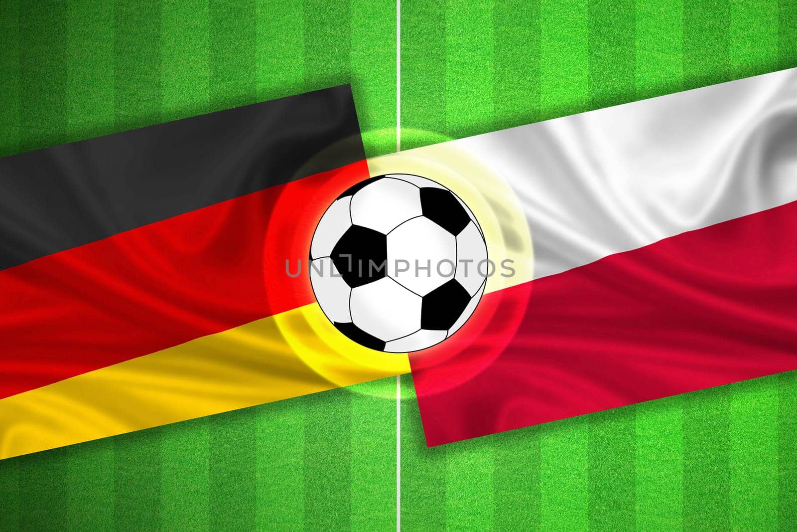 green Soccer / Football field with stripes and flags of germany - poland, and ball.