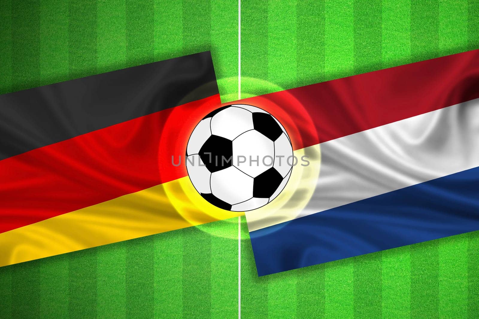 green Soccer / Football field with stripes and flags of germany - netherlands, and ball.