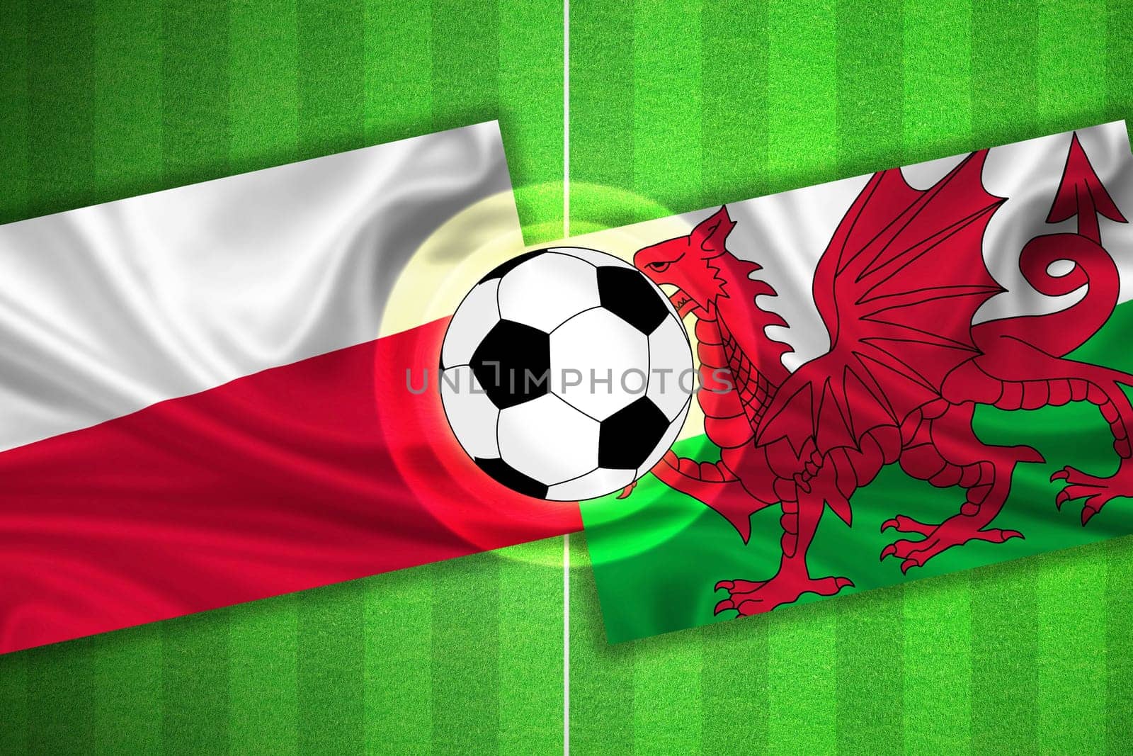 green Soccer / Football field with stripes and flags of poland - wales, and ball.