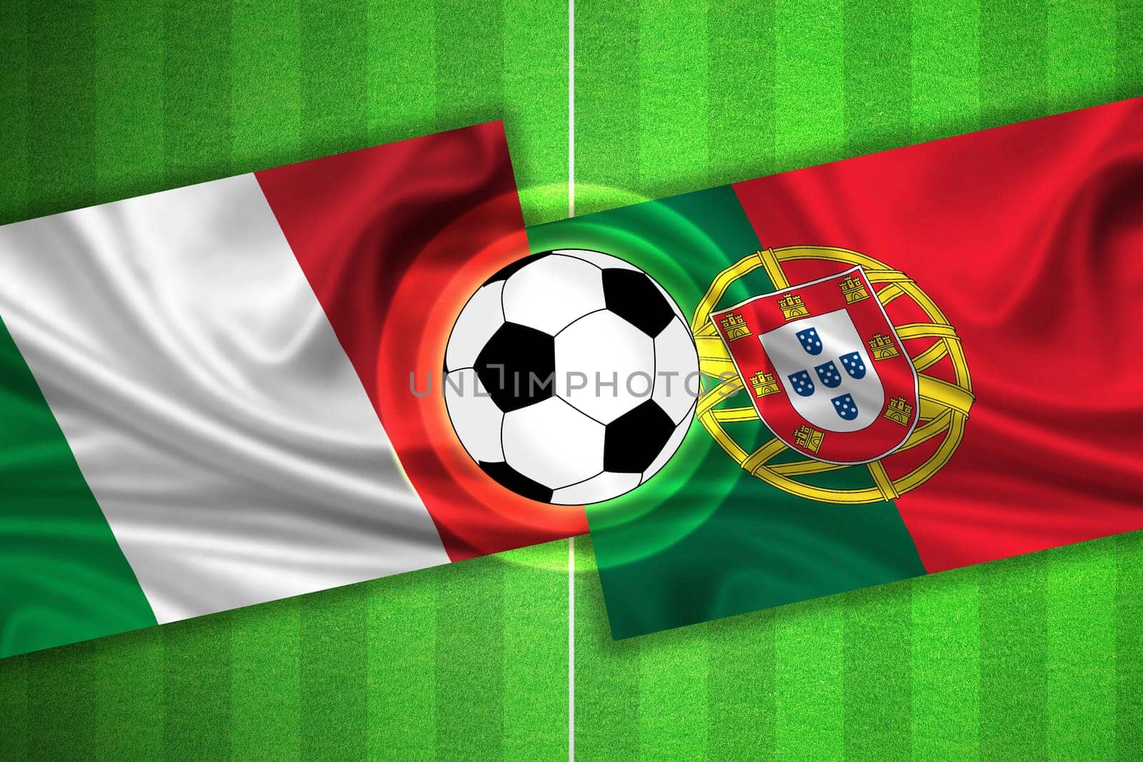 green Soccer / Football field with stripes and flags of italy - portugal, and ball.