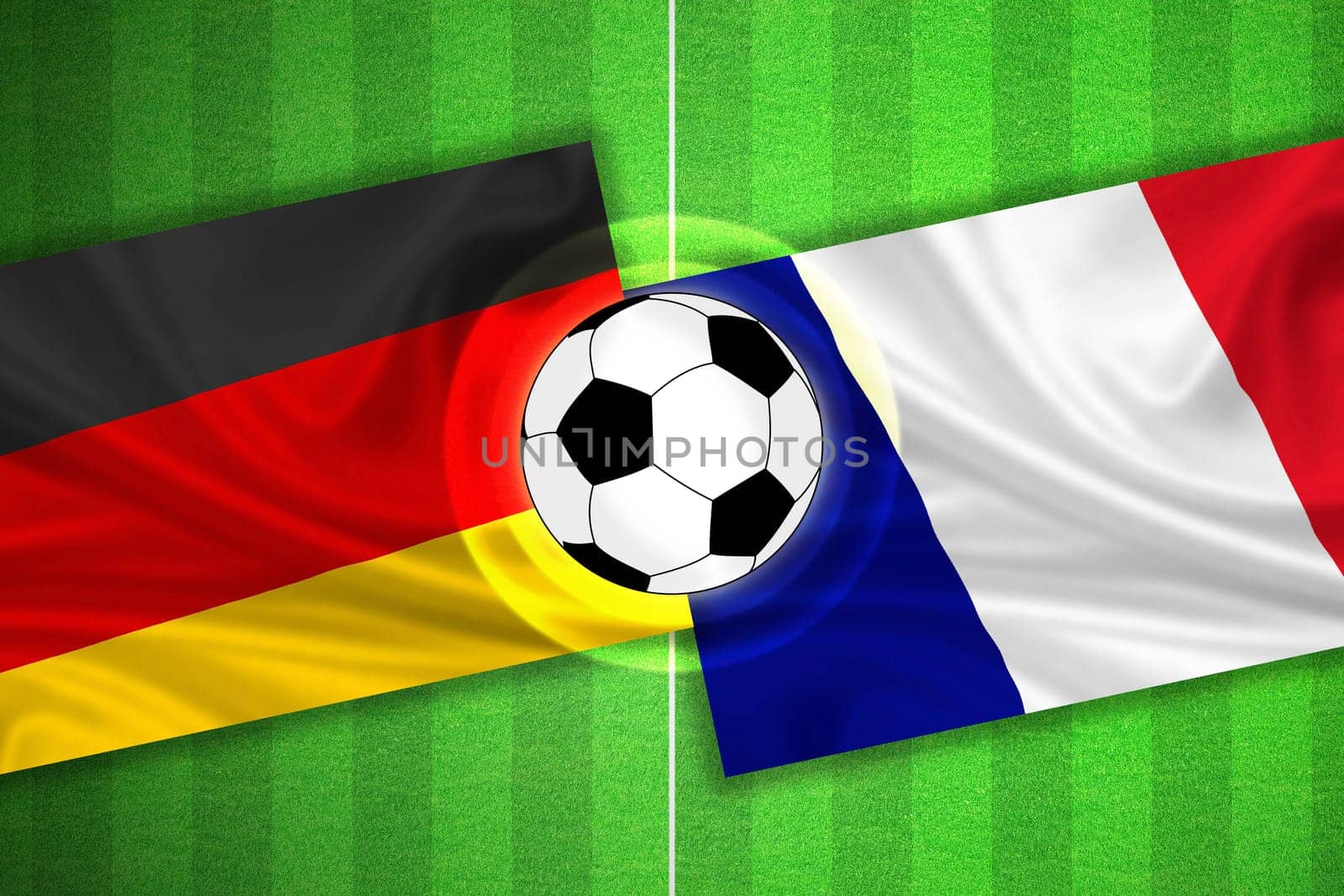 green Soccer / Football field with stripes and flags of germany - france, and ball.