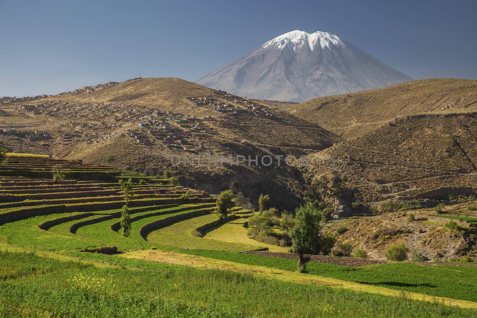 Horizontal Image of Inca's garden and active volcano Misti, Arequipa, Peru.