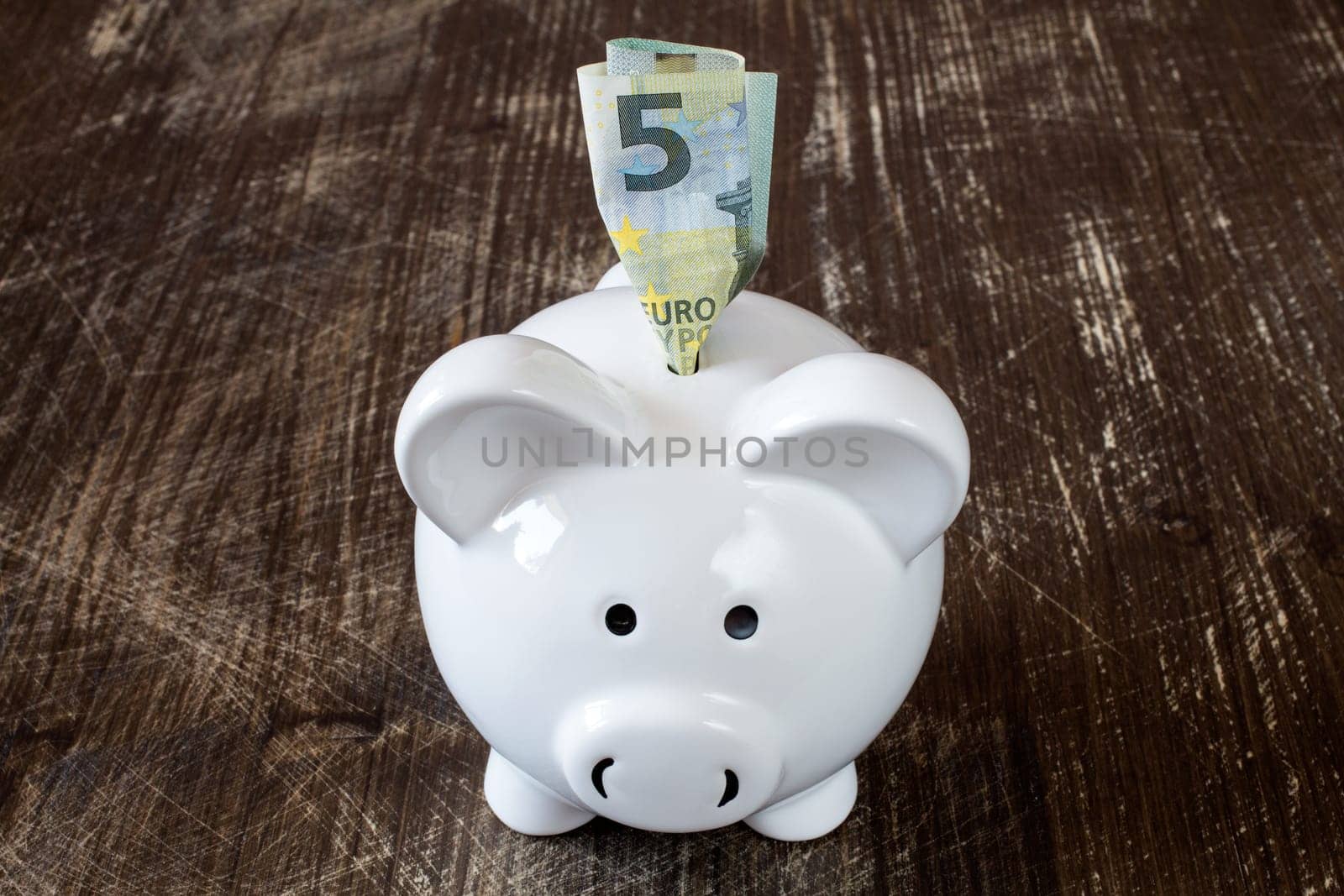 Detail of a piggy bank and five euro banknote