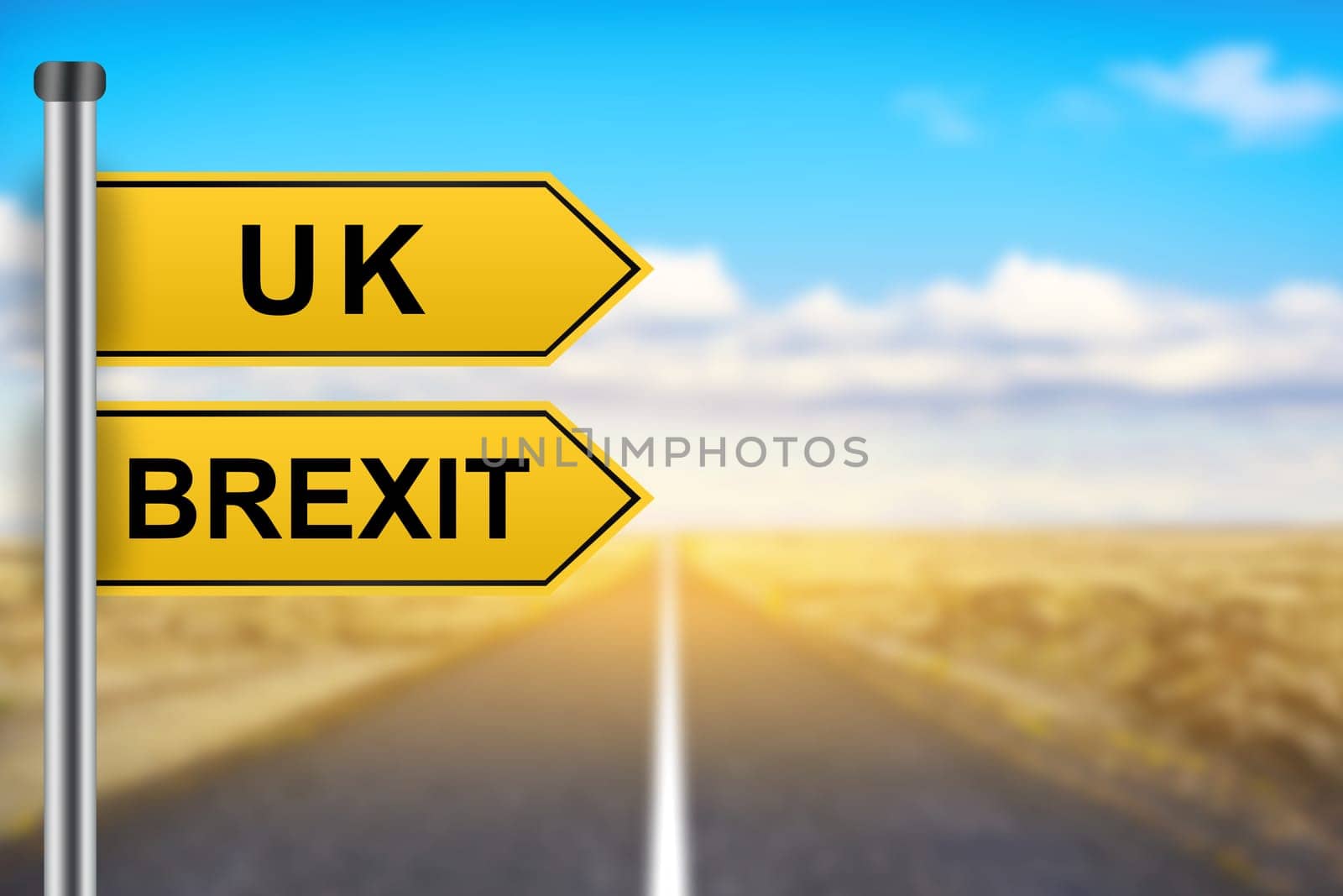 brexit or british exit words on yellow road sign with blurred background