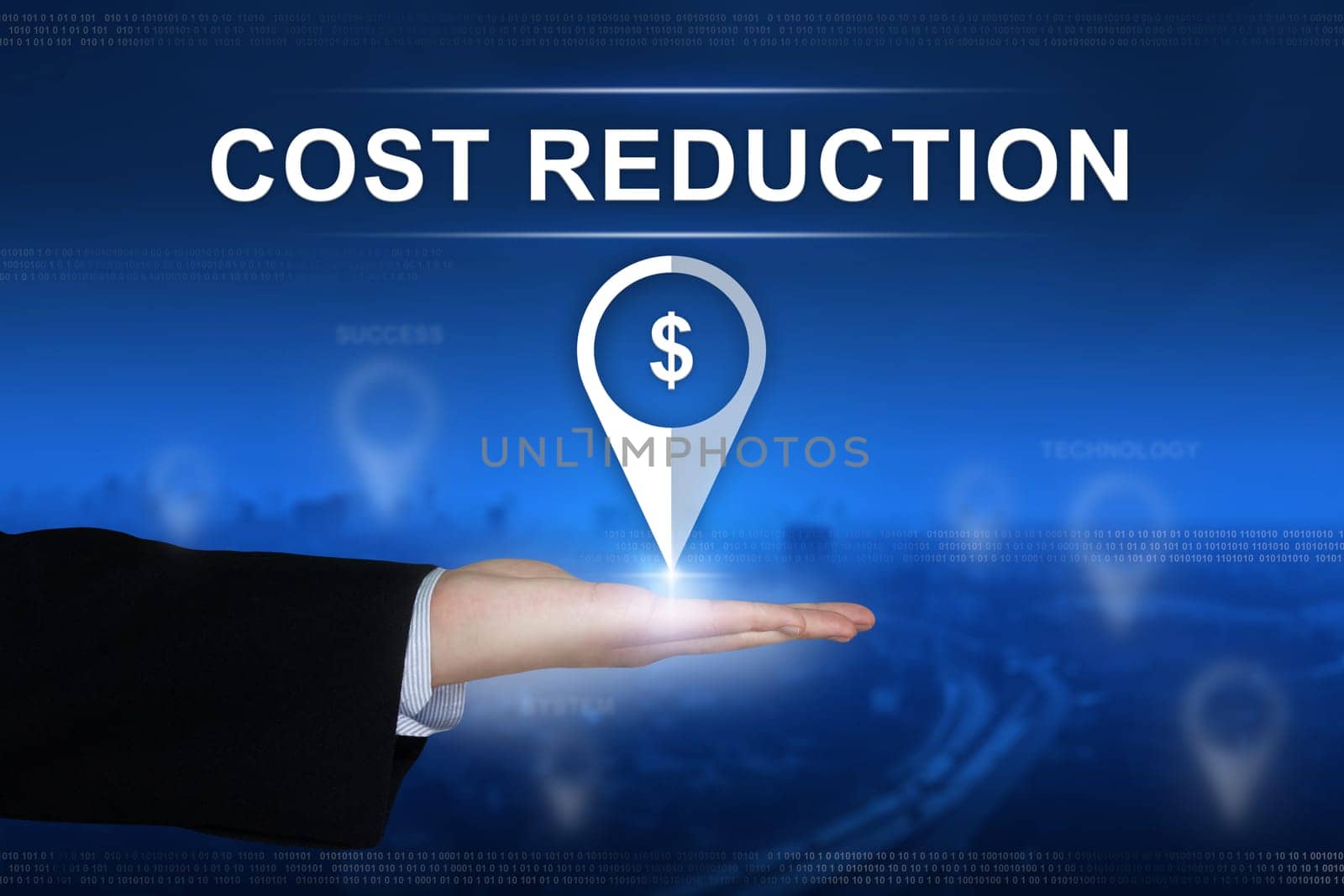 cost reduction button with business hand on blurred background