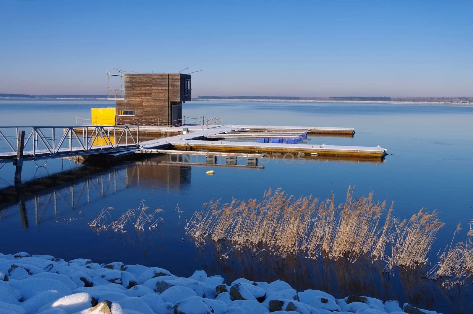 Floating house in winter,Lusatian Lakeland - swimming house in winter,Lusatian Lake District