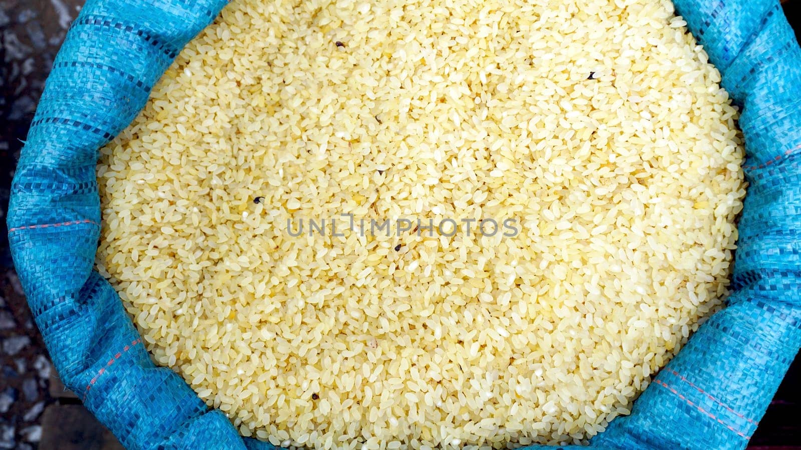 Close up Rice in blue sack at fresh local market  in Luang Prabang, Laos